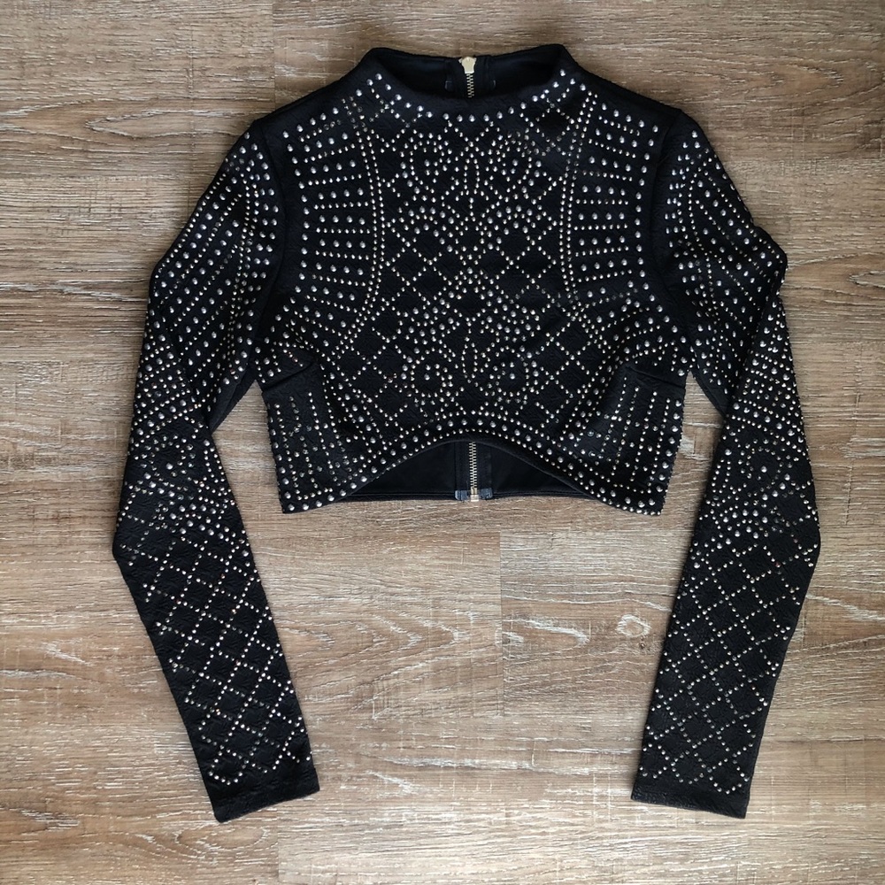 Black Embellished Long-Sleeve Crop Top